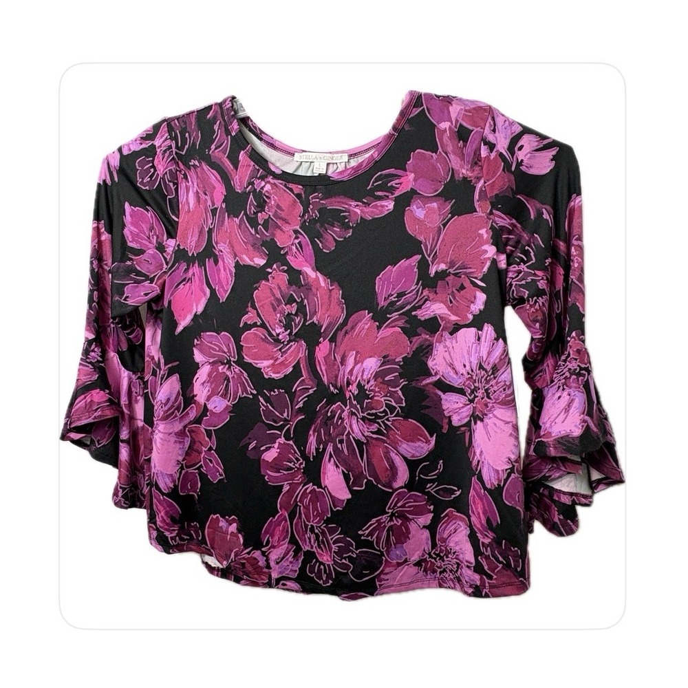 Stella +Ginger Pink & Black Floral Blouse 3/4 Ruffle Bell Sleeve LG NWT Romantic